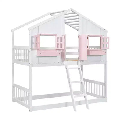 Lit mezzanine cabane de taille double, lit mezzanine cabane en bois avec échelle et barrières de sécurité pour enfants