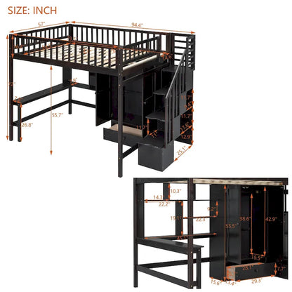 Letto a soppalco matrimoniale in pino con scrivania e contenitore