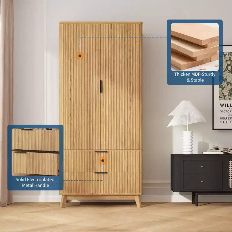 Armoire à portes cannelées, Armoire en bois de 71 pouces avec 2 portes, 2 tiroirs, étagère réglable et tringle de suspension, Armoire de rangement pour vêtements