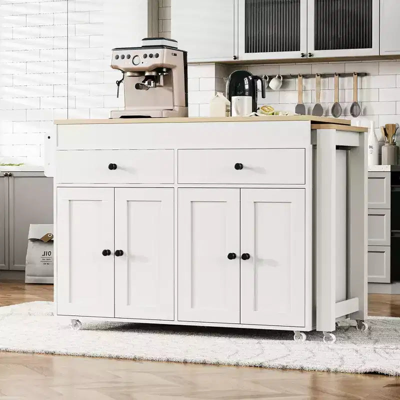 Isola da Cucina da 189 cm con Tavolo da Pranzo Estensibile, Carrello con 4 Armadietti, 2 Cassetti, Porta Spezie, Ripiani Regolabili