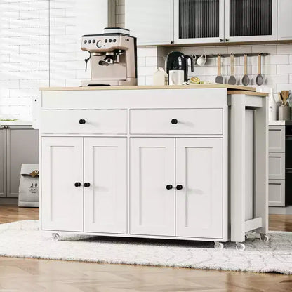 Isola da Cucina da 189 cm con Tavolo da Pranzo Estensibile, Carrello con 4 Armadietti, 2 Cassetti, Porta Spezie, Ripiani Regolabili