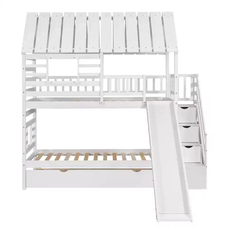 Letto a Castello Whisen Twin over Twin con Letto Estraibile e Scivolo, Scala Contenitore, Design Tetto e Finestra