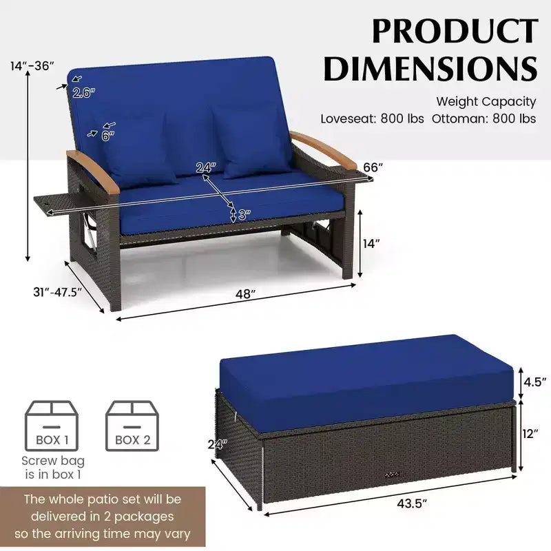 Set divano letto in rattan per esterni Costway con divanetto imbottito e poggiapiedi contenitore per veranda Beige/Blu marino/Rosso/Turchese/Nero/Grigio