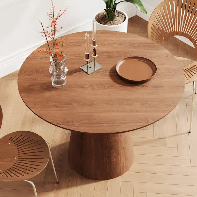 Table de salle à manger ronde pour 4-6 personnes, en bois naturel avec pied conique en bois, style rustique minimaliste