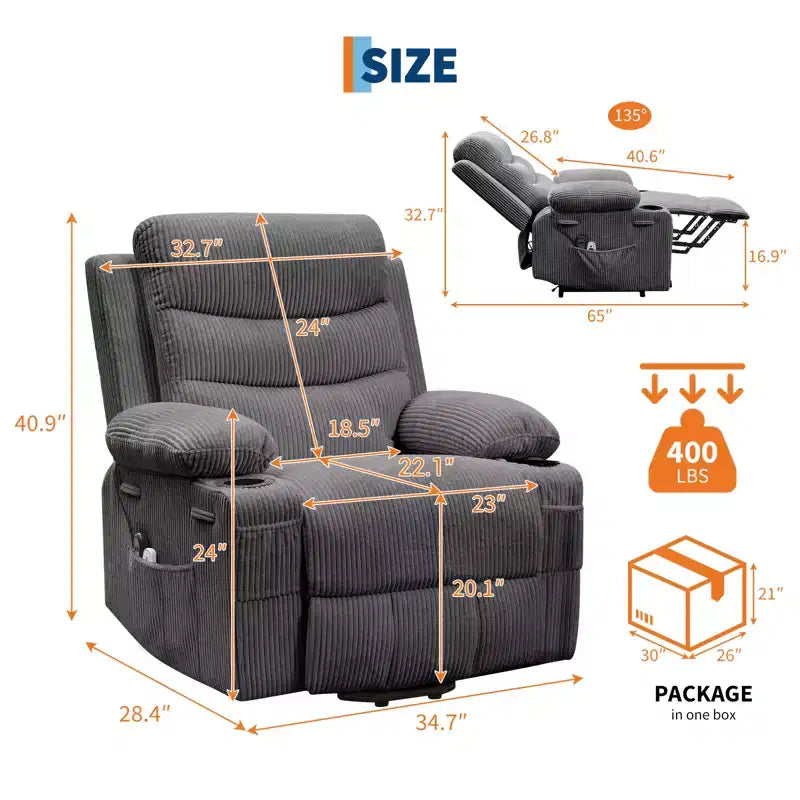 Fauteuil inclinable électrique releveur, fauteuils inclinables électriques pour personnes âgées avec fonction chauffante et massante, aide à la levée, porte-gobelets, poche latérale, pour salon