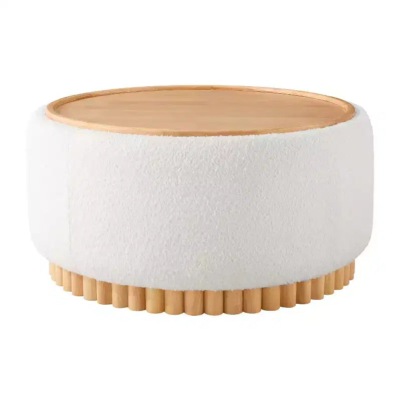 Pouf rotondo Polibi con base cilindrica in legno massello e coperchio reversibile