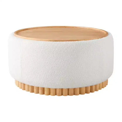 Pouf rotondo Polibi con base cilindrica in legno massello e coperchio reversibile