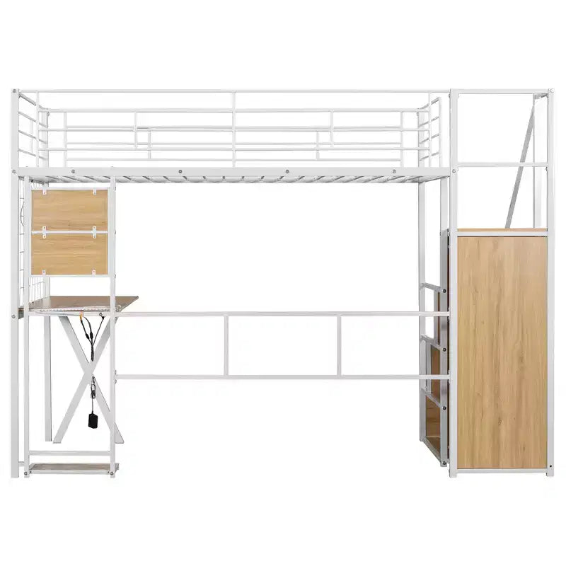 Lit mezzanine en métal Whisen 94''L x 40.9''W avec poste de travail intégré, armoire, escalier de rangement et LED, sécurité garantie