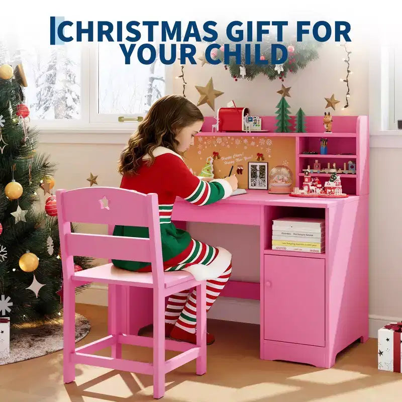 Set scrivania e sedia per bambini, con libreria superiore e piano inclinabile, tavolo da studio per bambini, scrivania per studenti, per camera da letto, casa