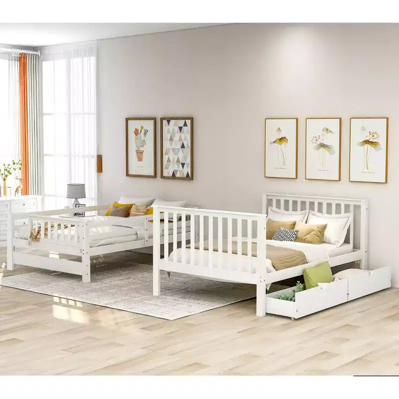 Letto a castello Full over Full con scaletta per bambini, struttura a castello matrimoniale con 6 cassetti e ringhiera per cameretta o dormitorio