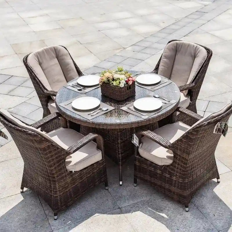 Set da pranzo rotondo in vimini da esterno da 5 pezzi con 4 poltrone