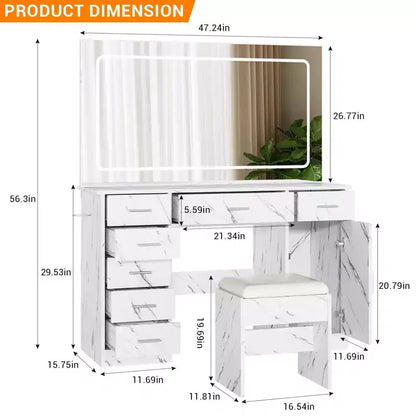 Toeletta Trucco con Specchio a LED a 3 Modalità e Prese di Ricarica, Grande Scrivania da Trucco con 7 Cassetti e Mobile Contenitore, Tavolo da Toeletta Moderno