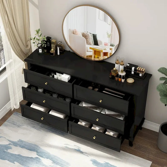 Comò in Legno per Camera da Letto con Cassetti Profondi, Cassettiera Doppia a 6 Cassetti