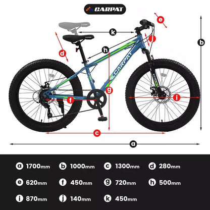 Vélo Okak 24 pouces Fat Tire avec suspension avant, VTT 7 vitesses avec frein à disque et cadre en acier à haute teneur en carbone, Vélo de randonnée pour les trajets quotidiens