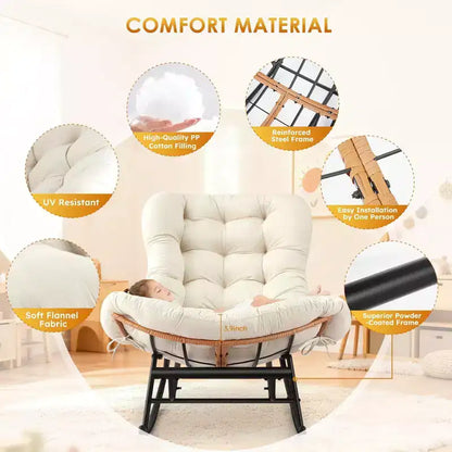 Poltrona a dondolo Papasan oversize beige, 1 posto, con poggiapiedi
