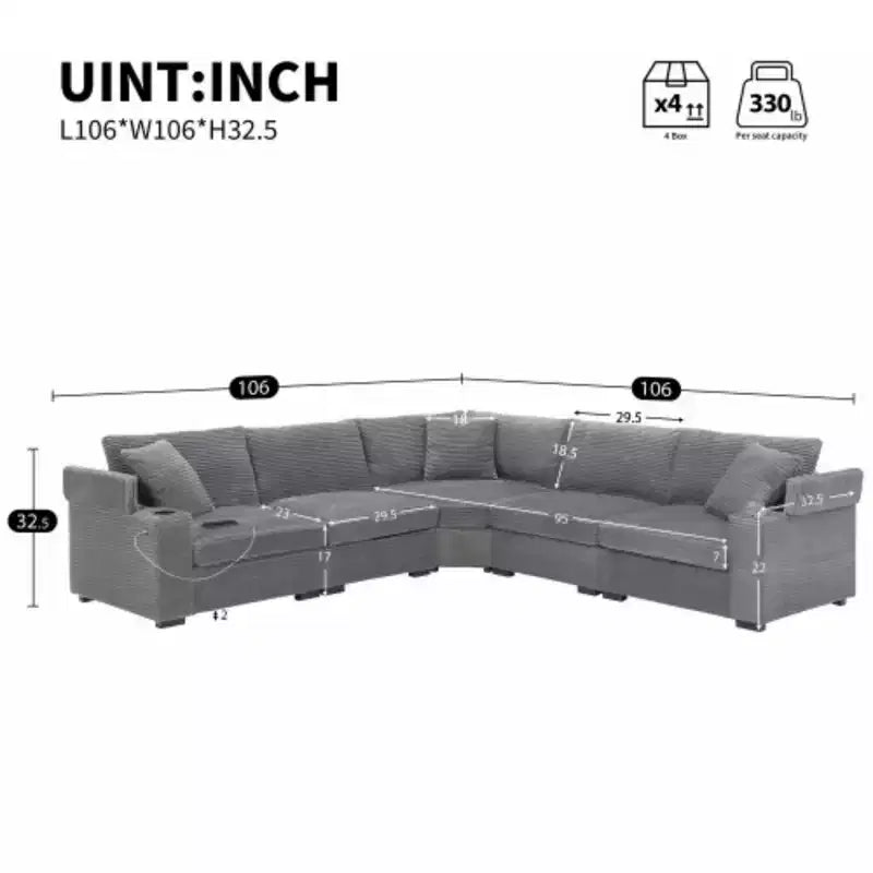 Divano trasformabile a L da 106 pollici, in velluto a coste con contenitore, portabicchieri, USB, design modulare per soggiorno