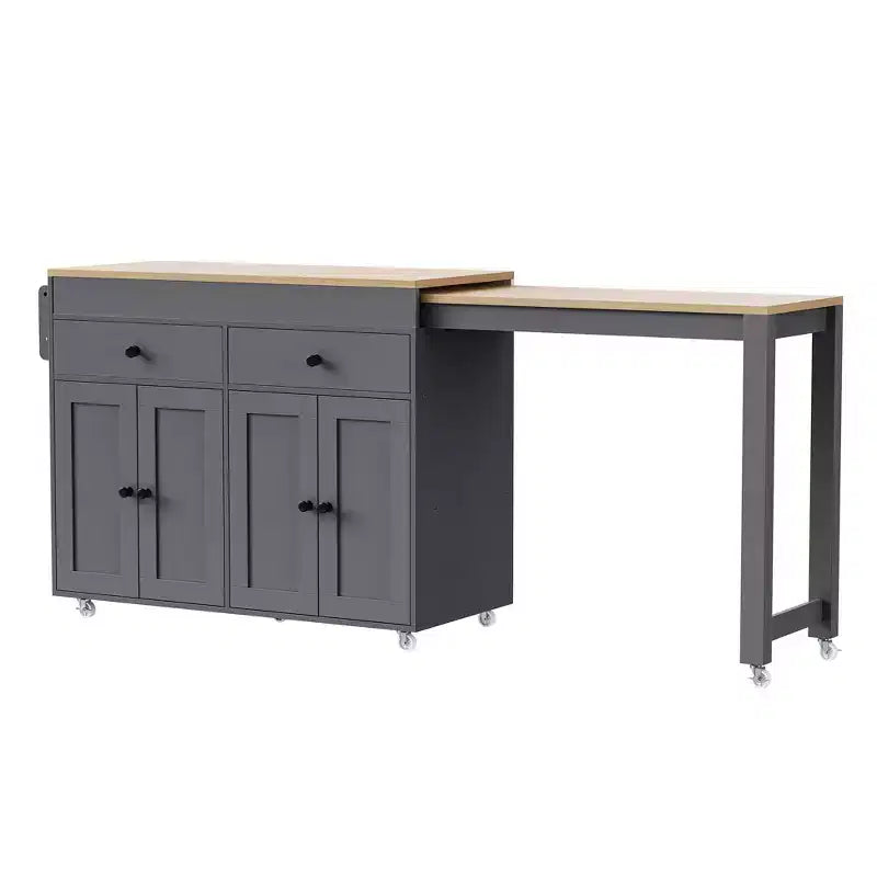 Isola da Cucina da 189 cm con Tavolo da Pranzo Estensibile, Carrello con 4 Armadietti, 2 Cassetti, Porta Spezie, Ripiani Regolabili