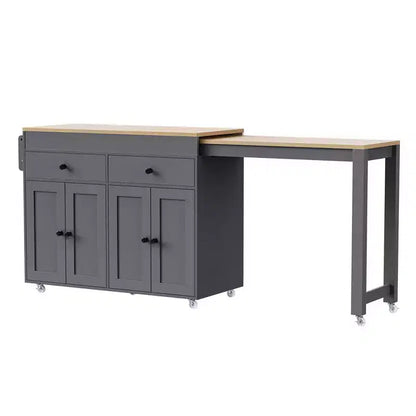 Isola da Cucina da 189 cm con Tavolo da Pranzo Estensibile, Carrello con 4 Armadietti, 2 Cassetti, Porta Spezie, Ripiani Regolabili