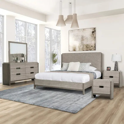 Set Camera da Letto Moderno 5 Pezzi con Pannelli in Legno Massello Grigio (Include Letto, Due Comodini, Toeletta e Specchio)