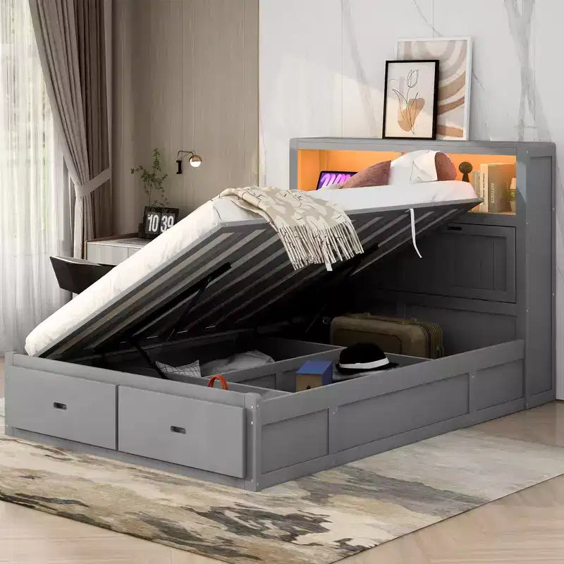 Letto a piattaforma idraulico Full/Queen con contenitore testiera a LED, stazione di ricarica, 2 cassetti e spazio di archiviazione sotto il letto, Bianco/Grigio-ModernLuxe