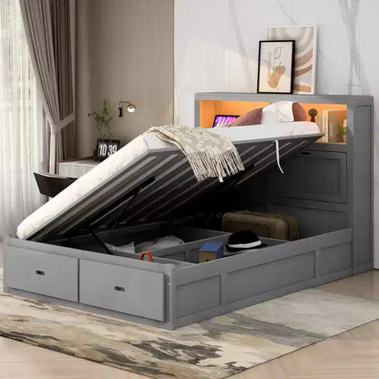 Letto a piattaforma idraulico Full/Queen con contenitore testiera a LED, stazione di ricarica, 2 cassetti e spazio di archiviazione sotto il letto, Bianco/Grigio-ModernLuxe