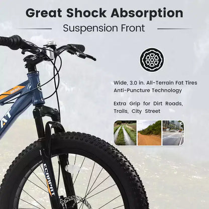 Vélo Okak 24 pouces Fat Tire avec suspension avant, VTT 7 vitesses avec frein à disque et cadre en acier à haute teneur en carbone, Vélo de randonnée pour les trajets quotidiens