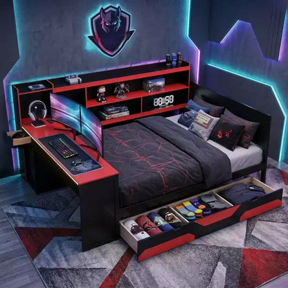 Letto a Giorno Gamer Hub con Scrivania, Luci RGB, Stazione di Ricarica, Cassetti e Testiera Libreria
