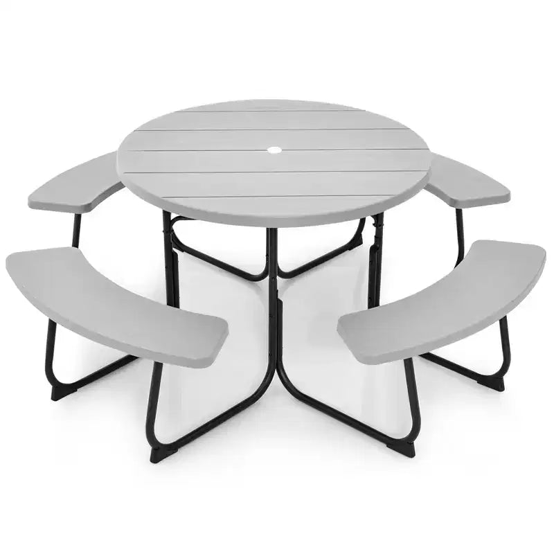 Costway Set Tavolo da Picnic Rotondo da Esterno a 8 Posti con 4 Panche e Foro per Ombrellone Nero/Grigio/Verde/Bianco