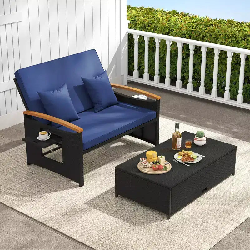Set divano letto in rattan per esterni Costway con divanetto imbottito e poggiapiedi contenitore per veranda Beige/Blu marino/Rosso/Turchese/Nero/Grigio
