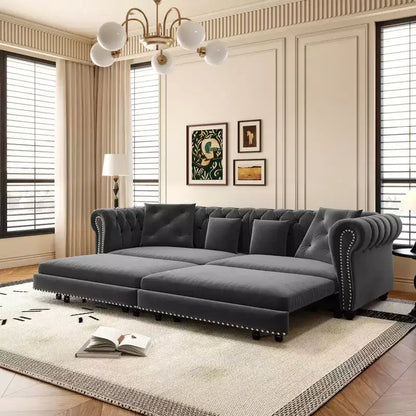 Canapé-lit gigogne 3-en-1 King Size Whisen Velvet et canapé convertible avec pouf mobile, design capitonné