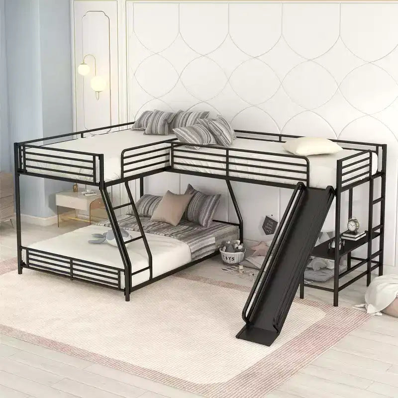 Letto a castello in metallo a una piazza e mezzo, letto a castello a L per 3 bambini, letto a castello triplo resistente con scrivania e scivolo, nero