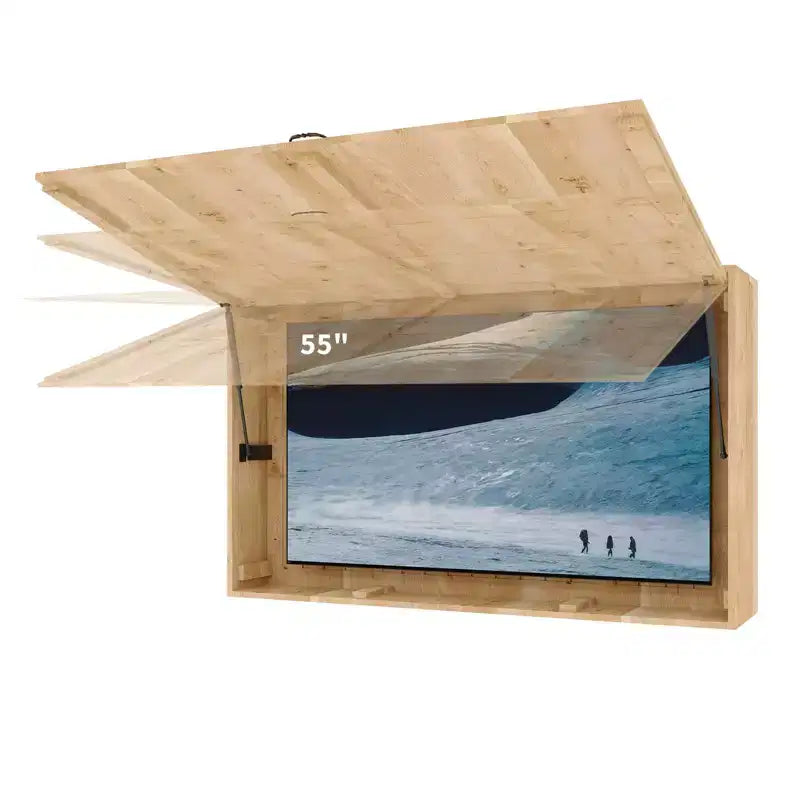 Custodia per TV da esterni da 55 pollici, copertura per TV resistente alle intemperie in legno massello con supporto regolabile 4D e sportello pieghevole (adatta a TV da 44-55 pollici)