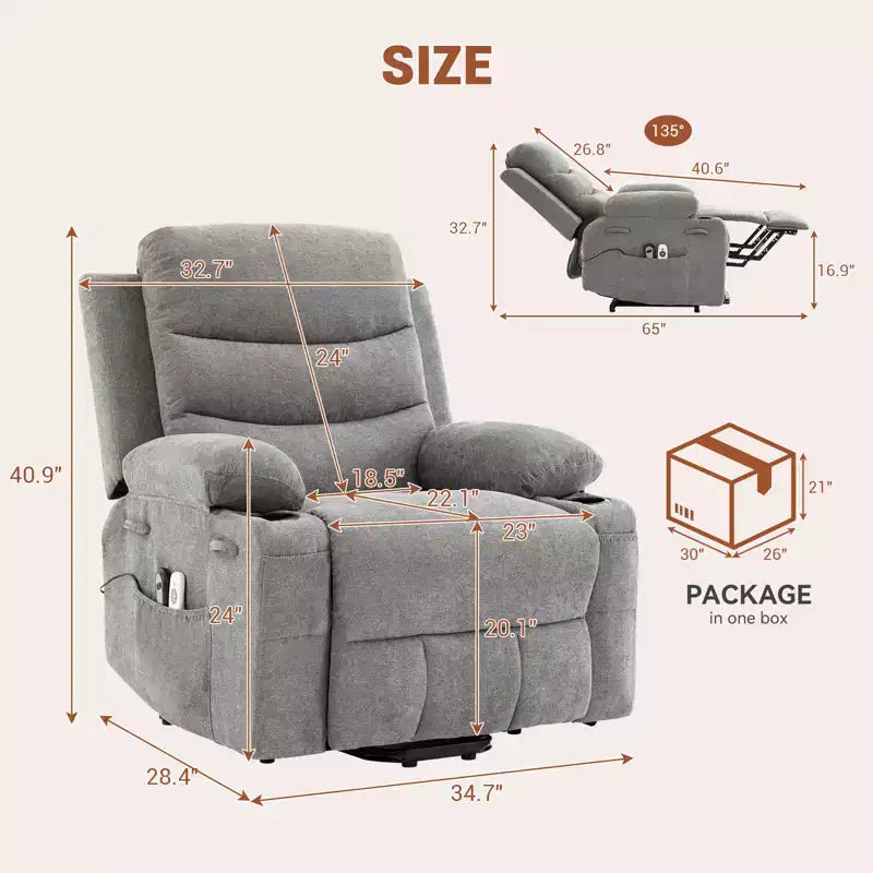 Fauteuil inclinable électrique releveur, fauteuils inclinables électriques pour personnes âgées avec fonction chauffante et massante, aide à la levée, porte-gobelets, poche latérale, pour salon