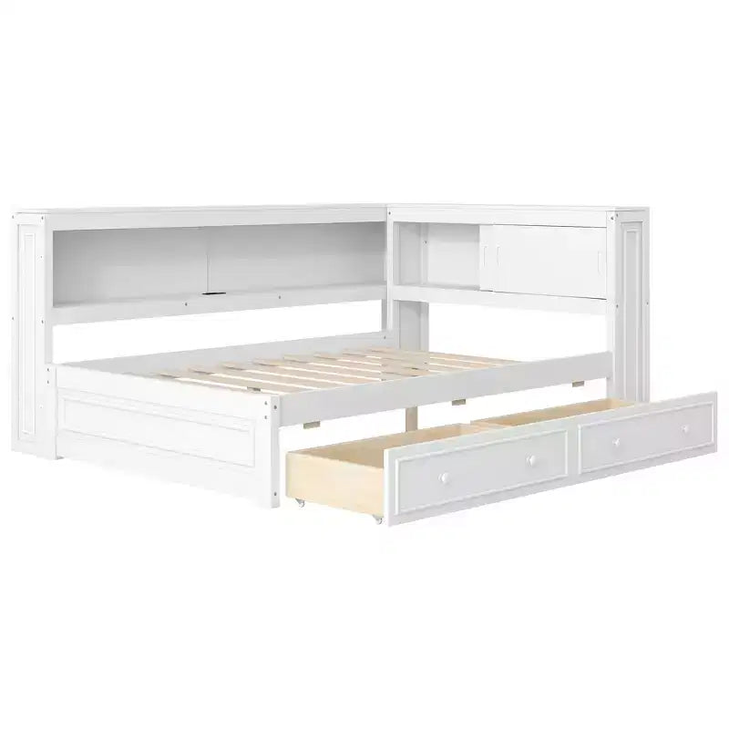 Letto angolare a grandezza naturale con cassetti portaoggetti, libreria, struttura letto a giorno in legno a forma di L con testiera a libreria per soggiorno