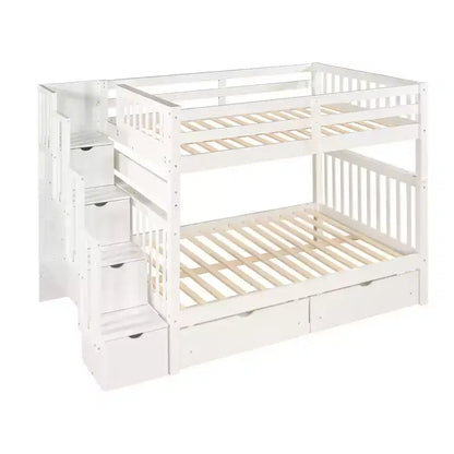 Letto a castello Full over Full con scaletta per bambini, struttura a castello matrimoniale con 6 cassetti e ringhiera per cameretta o dormitorio
