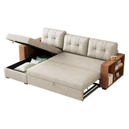 Divano Sezionale Convertibile con Letto Estraibile e Chaise Longue Contenitore Nascosto
