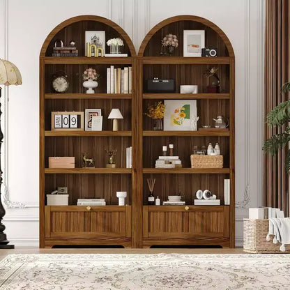 Bibliothèque arquée de 72 po avec tiroir de rangement, armoire de présentation moderne en bois à 6 niveaux avec étagères ouvertes et tiroir inférieur, porte d'armoire incurvée