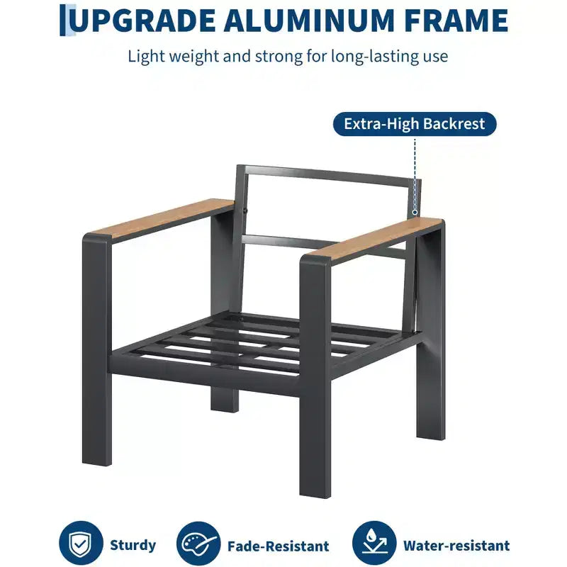 Salon de jardin en aluminium, canapé d'extérieur modulable avec 5 coussins épais, 4 accoudoirs et table basse pour jardin, terrasse, arrière-cour