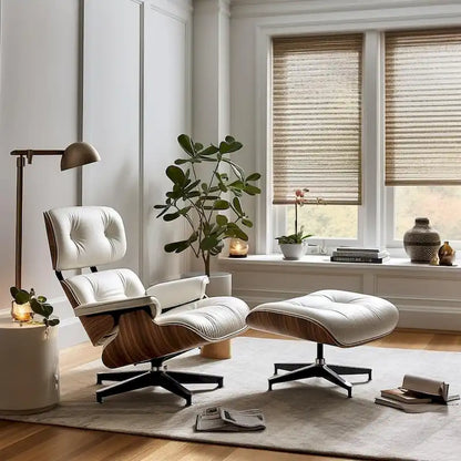 Chaise longue et pouf d'appoint en cuir pleine fleur de style Mid-century