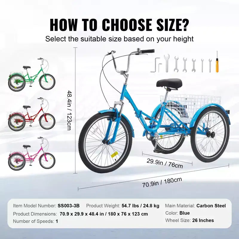 Tricycle pliable adulte VEVOR, tricycle pliant pour adultes de 26 pouces, vélo cruiser à 3 roues en acier au carbone avec grand panier et siège réglable