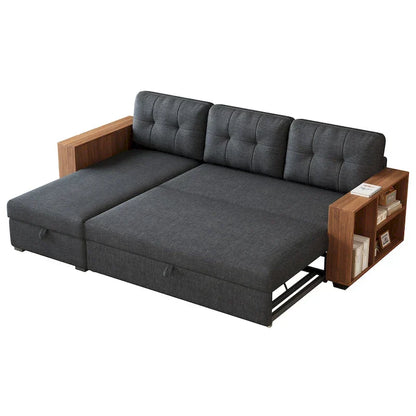 Divano Sezionale Convertibile con Letto Estraibile e Chaise Longue Contenitore Nascosto