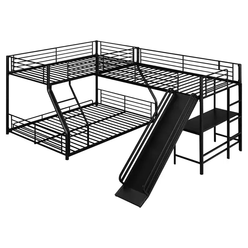 Letto a castello in metallo a una piazza e mezzo, letto a castello a L per 3 bambini, letto a castello triplo resistente con scrivania e scivolo, nero