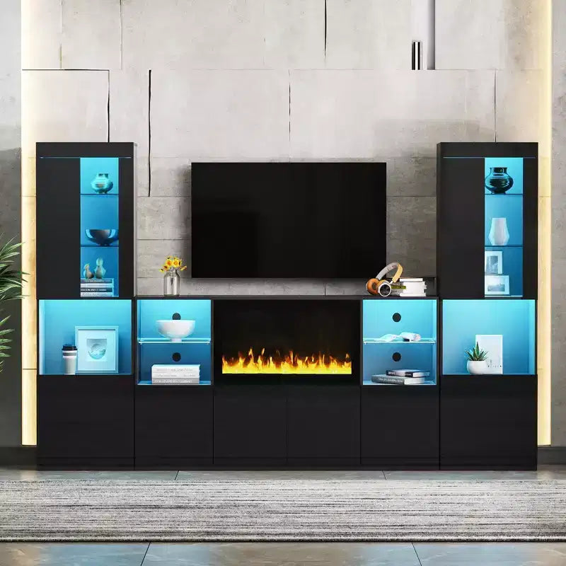 Meuble TV moderne avec lumières LED pour téléviseur de 75 pouces, table console multimédia avec étagères en verre trempé et foyer non chauffant