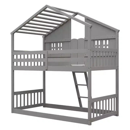 Lit mezzanine cabane de taille double, lit mezzanine cabane en bois avec échelle et barrières de sécurité pour enfants