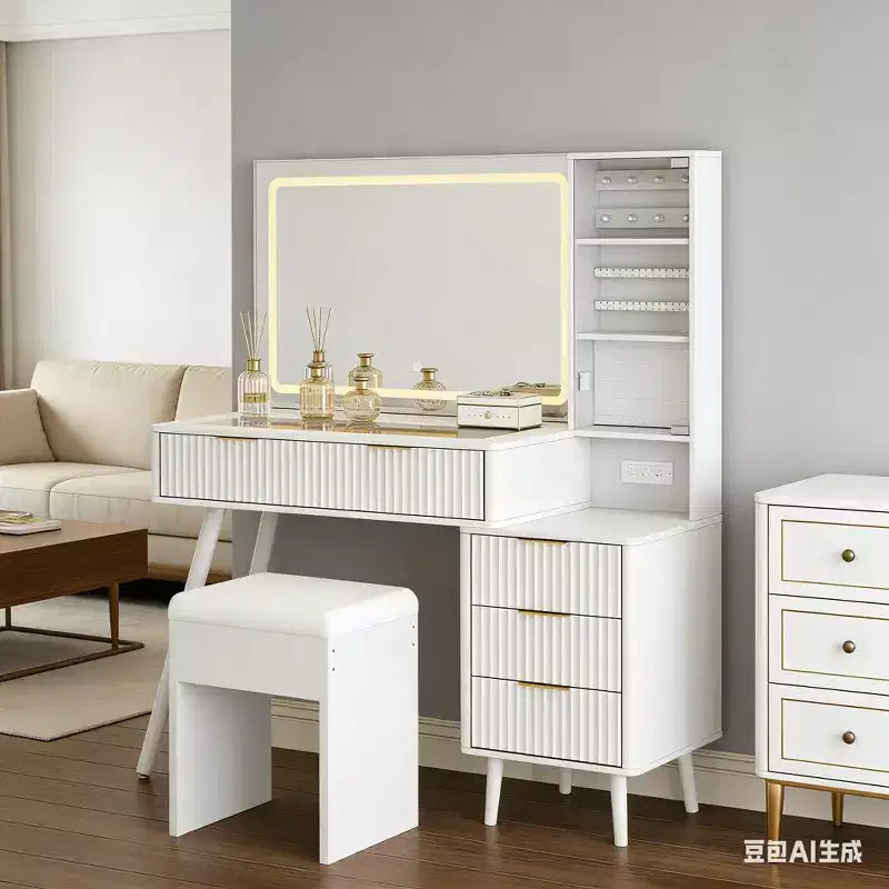 Toeletta da trucco scanalata da 122 cm con specchio e luci LED, stazione di ricarica, sgabello contenitore imbottito per camera da letto