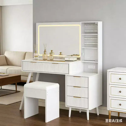Toeletta da trucco scanalata da 122 cm con specchio e luci LED, stazione di ricarica, sgabello contenitore imbottito per camera da letto