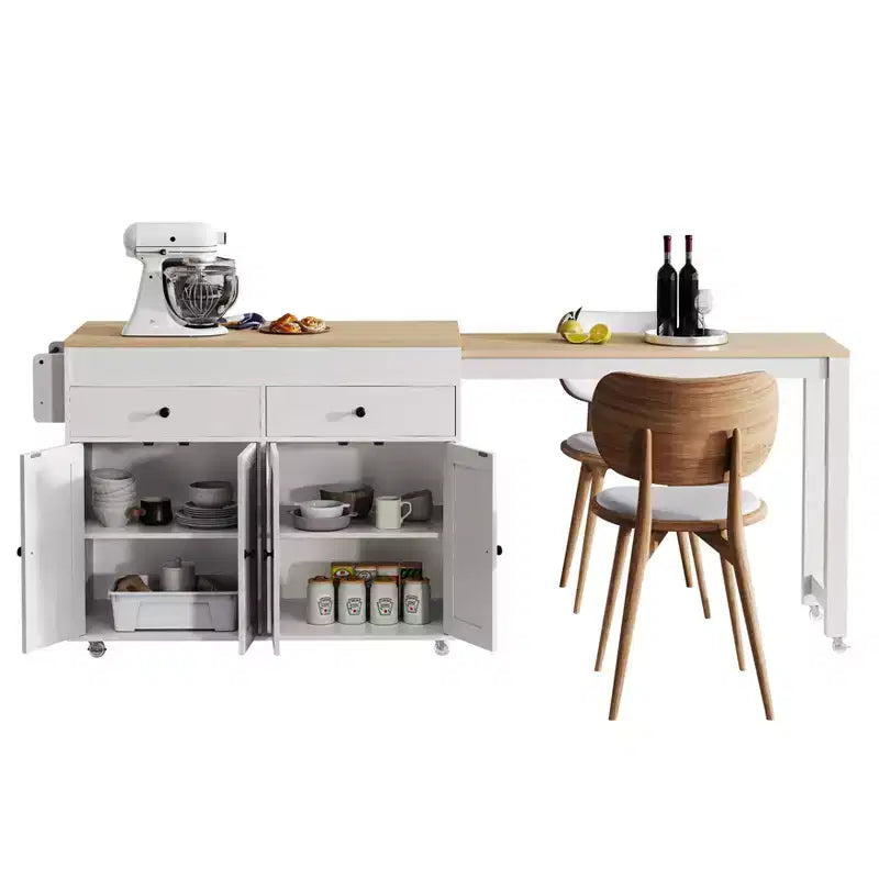 Isola da Cucina da 189 cm con Tavolo da Pranzo Estensibile, Carrello con 4 Armadietti, 2 Cassetti, Porta Spezie, Ripiani Regolabili