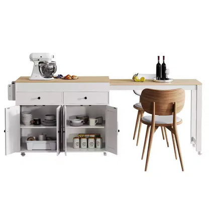 Isola da Cucina da 189 cm con Tavolo da Pranzo Estensibile, Carrello con 4 Armadietti, 2 Cassetti, Porta Spezie, Ripiani Regolabili