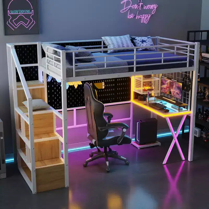 Lit mezzanine en métal Whisen 94''L x 40.9''W avec poste de travail intégré, armoire, escalier de rangement et LED, sécurité garantie