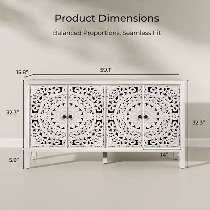 Credenza Buffet con Mobile Contenitore, Mobile Contenitore Effetto Invecchiato con 4 Ante Intagliate e Ripiano Regolabile, Credenze Buffet Laterali in Legno